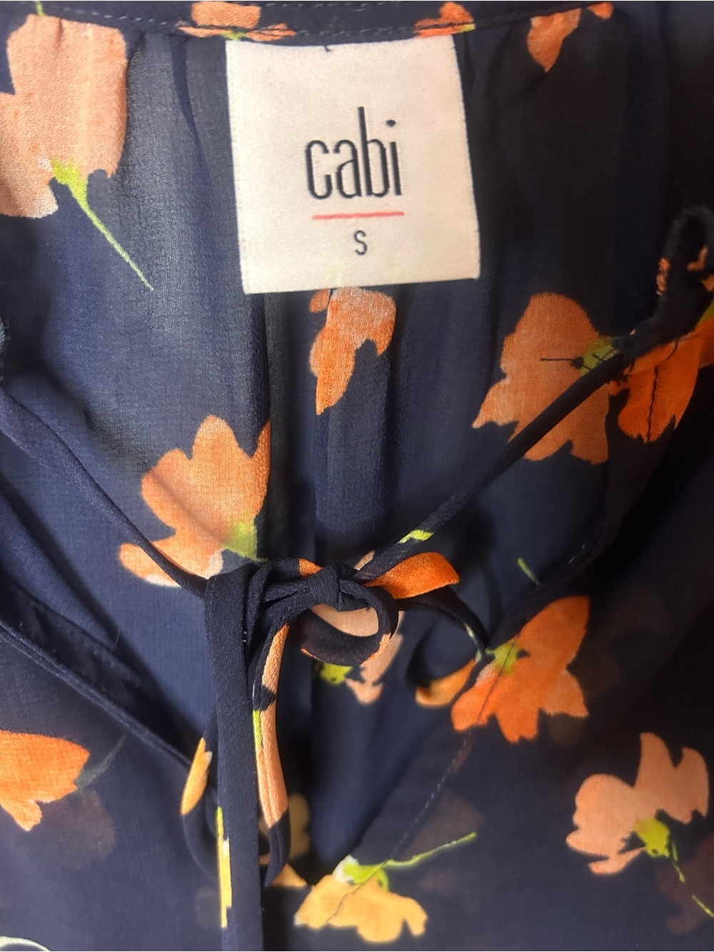 Cabi Navy Sheer Floral Ruffle Sleeve Blouse Small Tie Neck - Picture 5 of 11